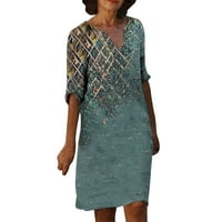 ljetna lanena haljina za žene, jednodijelne haljine s izrezom i kratkim rukavima, sarafan do koljena, Midi haljina u plavoj boji