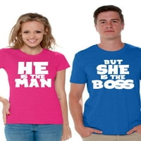 Nespretni stilovi on je muškarac, ali ona je šef majice za parove Muškarac šef odgovarajuće košulje za par muž i žena ona je šef