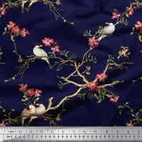 Plava Poliesterska krep Tkanina s cvjetnim ukrasom i ptica Franklin galeb tkanina s otiskom širine dvorišta