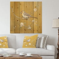 DesignArt 'zlatna ptica koja sjedi na cvjetovima I' print na seoskoj kući na prirodnom borovom drvetu