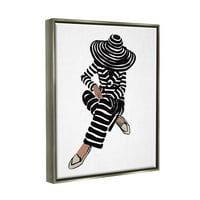 & Prugasti uzorak sjedeća žena modni portret grafička umjetnost sjajno sivo plutajuće platno uokvireno tiskana zidna umjetnost, dizajn