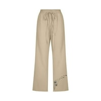 Lanene hlače Ženska ljetna moda plus size Ležerne rastezljive široke hlače s printom ravne široke hlače S džepom, prozor od 3 do