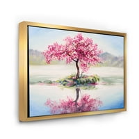 Orijentalna trešnja ružičasto drvo Sakura na jezeru uokvirena slikanje platna umjetnički tisak