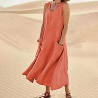 Ženska haljina s podstavom, ženska modna ležerna jednobojna pamučna lanena Haljina Bez rukava s džepovima, narančasta 5 inča