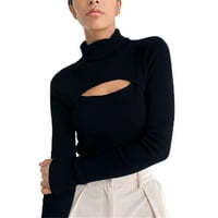 Jesenska Ženska košulja, gornji dio dugih rukava, ležerna osnovna tanka pletena majica s rebrima, Crna majica s rebrima