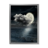 DesignArt 'Noć punog mjeseca u oblačnom nebu vi' nautički i obalni uokvireni umjetnički tisak