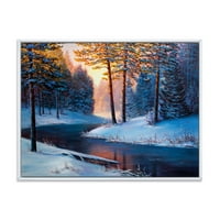Jedinstveni 'jutarnji sjaj kroz božićnu šumu pored rijeke' jezero u jezeru uokviren platno zidni umjetnički tisak