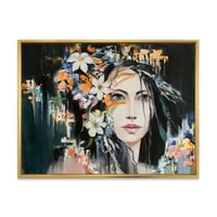 DesignArt 'Portret mlade žene s cvijećem I' Moderno uokvirena platna zidna umjetnička print