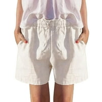 Ženske jednobojne široke pamučne i lanene Ležerne hlače s elastičnim strukom, zavojne kratke hlače, kratke hlače s džepovima s patentnim