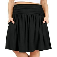 Ženske midi suknje s visokim strukom, suknja do koljena, obična s volanima i džepovima, crna suknja s visokim strukom
