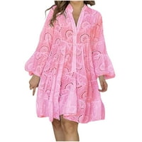 Haljina Plus size modna ženska haljina s izrezom u obliku slova u, jednobojni vez, prošarana čipkasta haljina s dugim rukavima, ružičasta