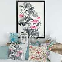 DesignArt 'Pink vintage lotos cvijet i jednobojne lišće' tradicionalni uokvireni umjetnički tisak