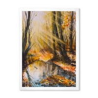DesignArt 'Svijetlo sunce kroz jezero s smeđim šumskim stablima uokvirenim umjetničkim printom