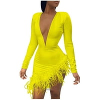 Ženske ljetne haljine-izrez s dugim rukavima seksi jednobojna haljina za plažu Mini haljina žuta