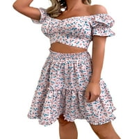Ženske ljetne suknje s cvjetnim printom odijela ženska majica bez ramena s volanima crop top mini haljina A kroja ružičasta;