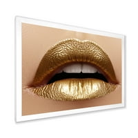 DesignArt 'Zablista usana žena debela usne sa zlatnim ružem' Moderni uokvireni umjetnički tisak