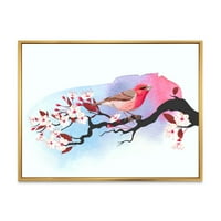 DesignArt 'ružičasta ptica sjedi na branji za trešnje' Tradicionalno uokvireno platno zidno umjetnički tisak