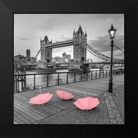 Frank, Assaf Black uokvirena suvremena muzejska umjetnička gravura pod nazivom ružičasti Kišobrani, toranj most, London