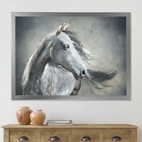 Dizajnerski crtež crno-bijeli portret divljeg konja uokviren seoskom kućom