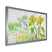 Dizajnerski crtež drevni ribnjak s lotosom, uokvirena jezerska kuća, umjetnička gravura