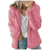 Zimski kaputi za žene, modni Casual Jednobojni plišani topli kaputi s kapuljačom, kardigan s patentnim zatvaračem, kaput vruće ružičaste