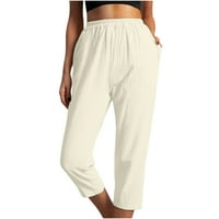 Ženske lanene Capri hlače Plus Size ljetne jednobojne udobne rastezljive Ležerne hlače visokog struka s džepom večernje hlače za