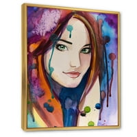 Designart 'Šareni portret zelenih očiju mlade žene' tradicionalno uokvireno platno zidne umjetničke tisak