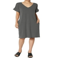 Ženska haljina s majicom veličine dresa veličine plus kratkih rukava s izrezom u obliku manšete i džepovima u obliku kvadrata u obliku