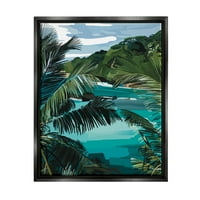 Tropski zaljev oceana, bujna brda palmi, grafička umjetnost, Jet crno platno s plutajućim okvirom, zidni tisak, dizajn Amelije neues