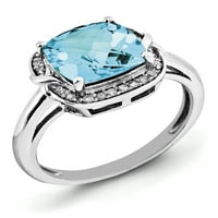 Prsten od čistog srebra presvučen rodijem s dijamantom i švicarskim plavim topazom u šahovskom rezu