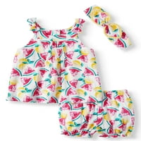 Wonder Nation Baby Girl tiskan tkani babydoll vrh, poklopac pelena i traka za glavu, 3-komad set