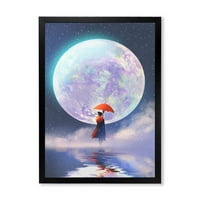 Dizajnerski crtež djevojka s kišobranom koja stoji na vodi s Mjesecom u pozadini tradicionalni uokvireni umjetnički tisak