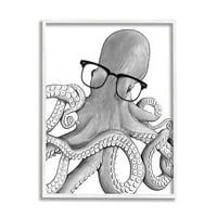 Stupell Industries Monochrome Octopus Ilustracija Crne bijele naočale Dizajn Grafičke umjetnosti bijela uokvirena umjetnička print
