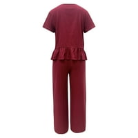 2 / ženski laneni komplet za slobodno vrijeme ljetno odijelo modne jednobojne hlače kratkih rukava ležerno dvodijelno odijelo crveno