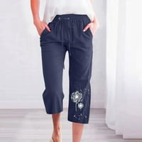 Ženske pamučne lanene Capri hlače-hlače za slobodno vrijeme s otiskom i džepovima, široke pamučne mješavine s vezicama, široke Francuske