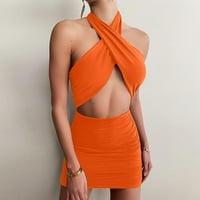 Ženska jednobojna mini modna ljetna haljina bez rukava s naramenicama u narančastoj boji
