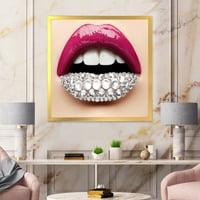 Dizajnerska umjetnost djevojačke usne s ružičastim ružem i bijelim dijamantima uokvireni moderni umjetnički tisak