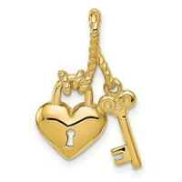 Netaknuto zlato, polirani karatni ključ od žutog zlata vezan za privjesak za ključeve u obliku srca na lancu užeta