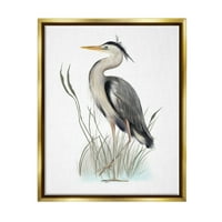 Mirna ptica čaplja koja stoji među divljom travom grafička umjetnost metalno zlato, uokvireno plutajuće platno, zidni tisak, dizajn