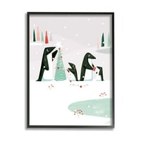 Pingvini about ukrašavaju božićno drvce Svečana slika u crnom okviru umjetnički ispis na zidu