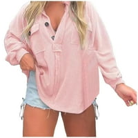 Ženske jesenske košulje s izrezom u obliku slova u i dugim rukavima, džepni vrhovi, slatke Ležerne majice širokog kroja u ružičastoj