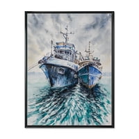 Dizajnerska umjetnost plavi ribarski brodovi prije oluje usidreni, nautički i Obalni zidni otisak na uokvirenom platnu