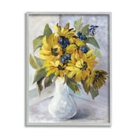 Studell Yellow Daisies plavi naglasak cvijet Botanički i cvjetni slikar sivi uokvireni umjetnički print zid umjetnosti