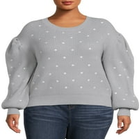 Ženski pulover s napuhanim rukavima s vezom u točkicama veličine plus