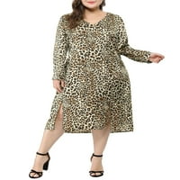 Ženska leopard haljina velike veličine s dvostrukim prorezom i dekolteom u obliku slova u obliku slova U i kravatom u struku