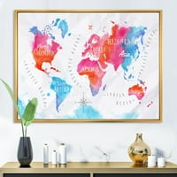 DesignArt 'World karta u plavoj i ružičastoj' Moderno uokvireno platno zidna umjetnička tiska