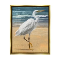 Stupell Industries Bijela čaplja Ptice stojeće plaže obale valovi slikanje metalik zlato plutajuće uokvireno platno print zidna umjetnost,