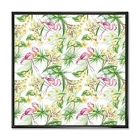DesignArt 'žuti cvjetovi, tropsko lišće s Flamingo IV' Moderno uokvireno platno zidne umjetničke print