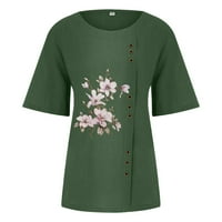 Ženski topovi za žene, ljetni i jesenski casual labava majica od pamuka i lana u retro stilu s kratkim rukavima, vojno Zelena, u