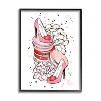 Pink Glam Heart Heels Macarons ljepota i modna grafička umjetnost crna uokvirena umjetnička print zidna umjetnost
